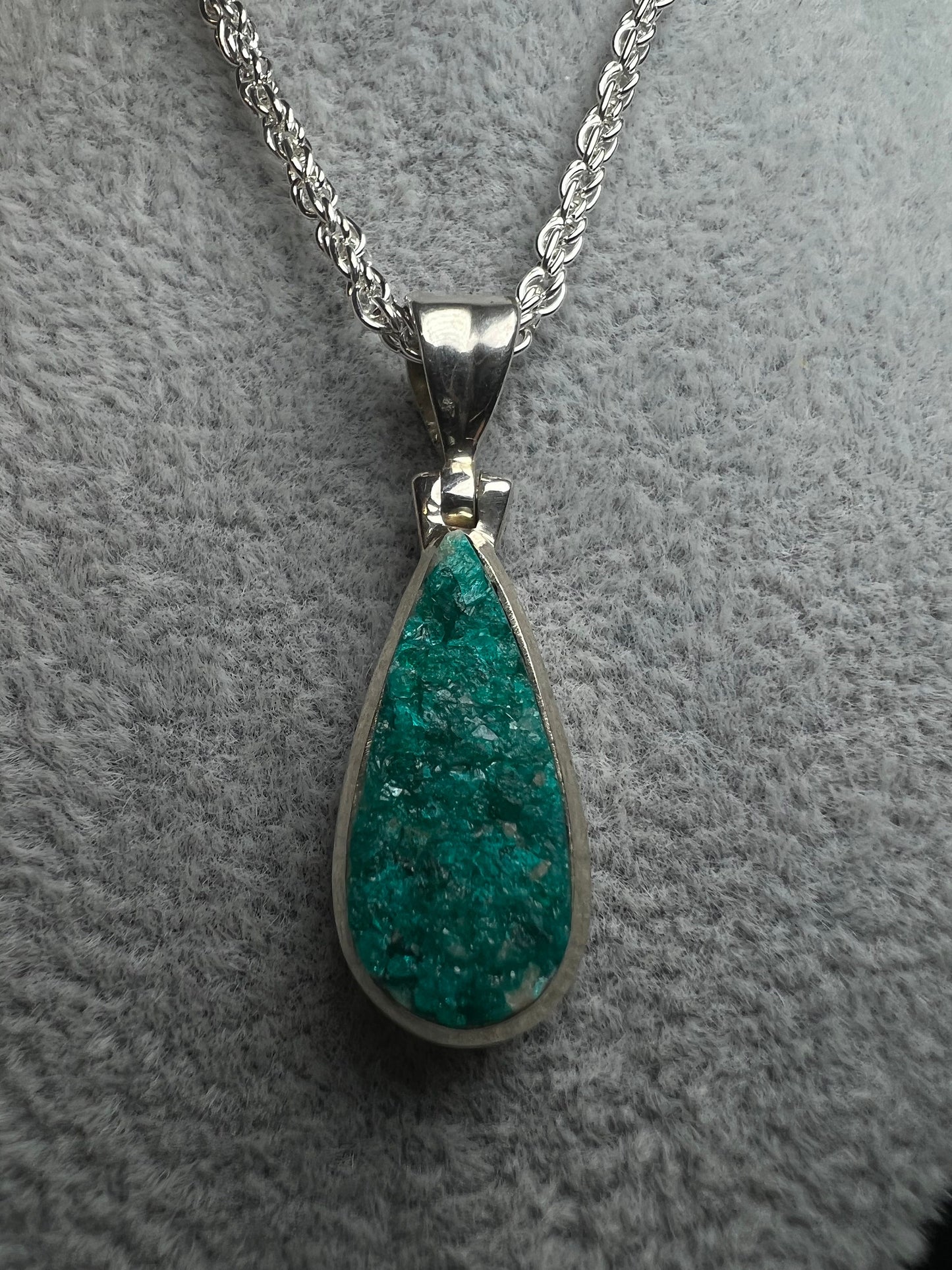 Dioptase Pendant On A Silver Plated, Nickel Free, Rope Chain- Necklace, Jewellery, Gift, Crystal Healing, Statement Piece