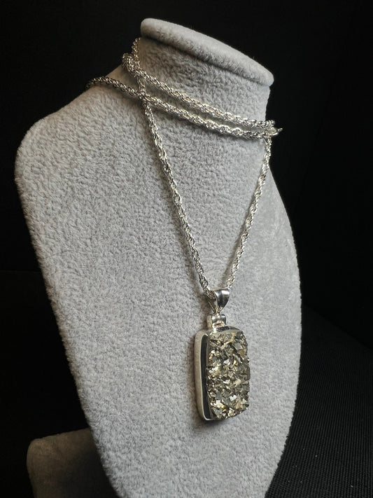 Pyrite Pendant On A Silver Plated, Nickel Free Rope Chain- Necklace, Jewellery, Gift, Fools Gold, Crystal Healing, Statement Piece