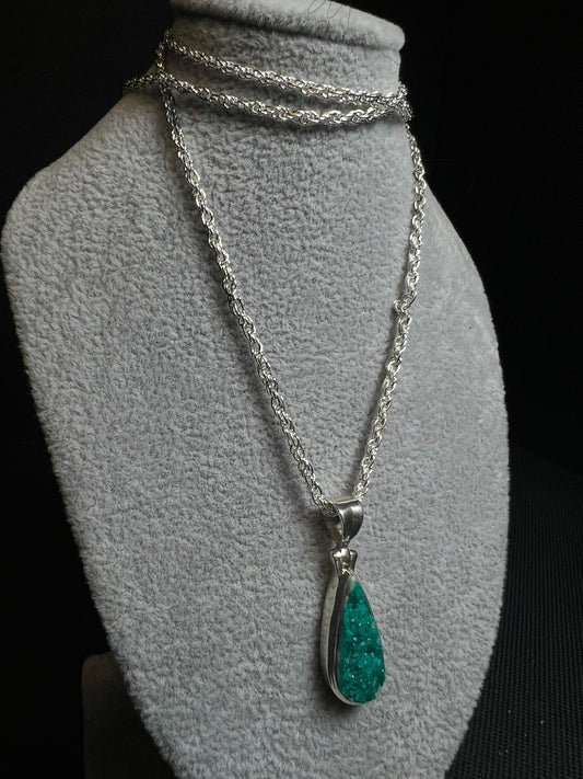 Dioptase Pendant On A Silver Plated, Nickel Free, Rope Chain- Necklace, Jewellery, Gift, Crystal Healing, Statement Piece